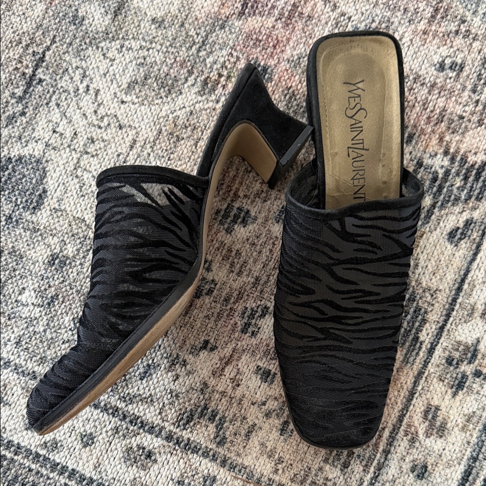 Vintage Yves Saint Laurent Black Mesh Zebra-Pattern Slip-On Mule Heels